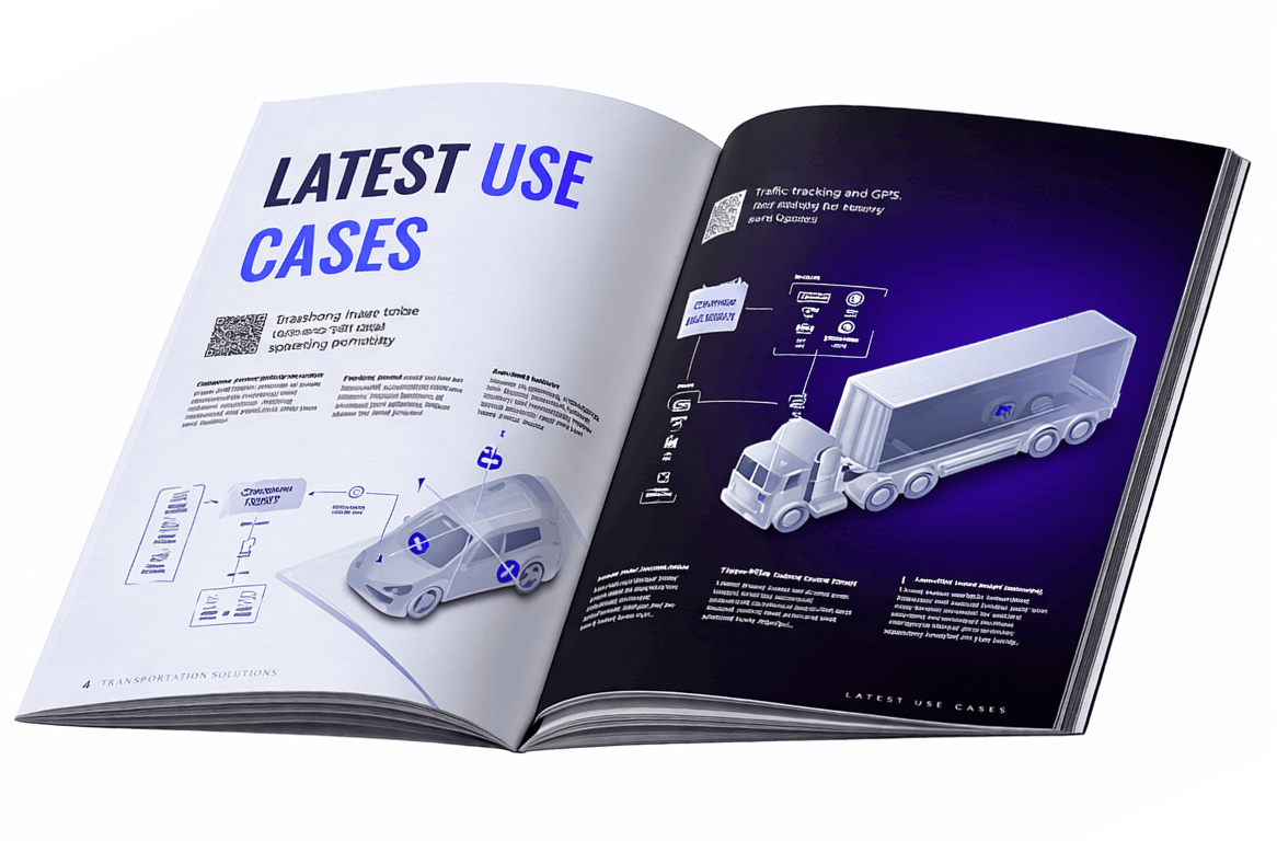 Відкритий журнал на білому фоні з інфографікою про транспорт і логістику